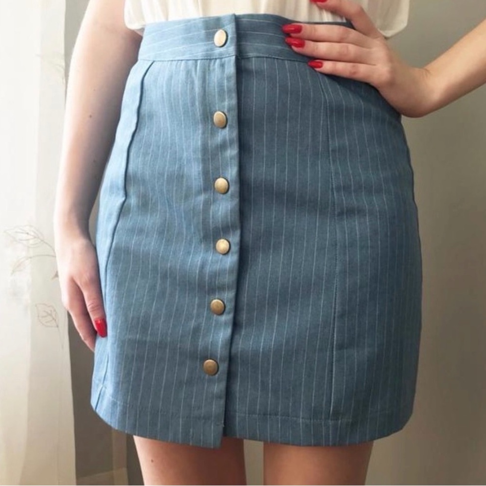 Blue Pinstripe Button-Front Skirt